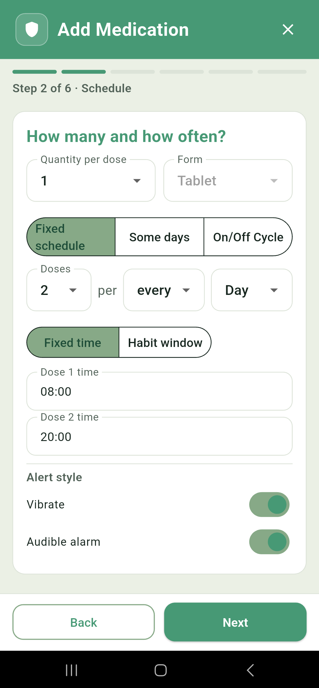The schedule card set to two doses a day, each with its own time
