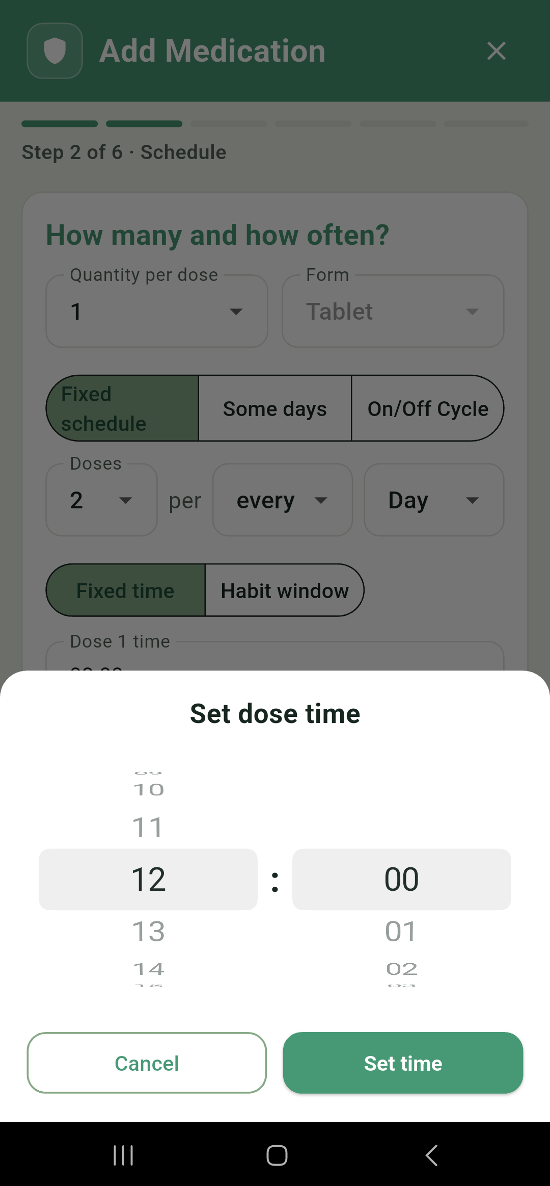 Wheel time picker for a fixed dose time