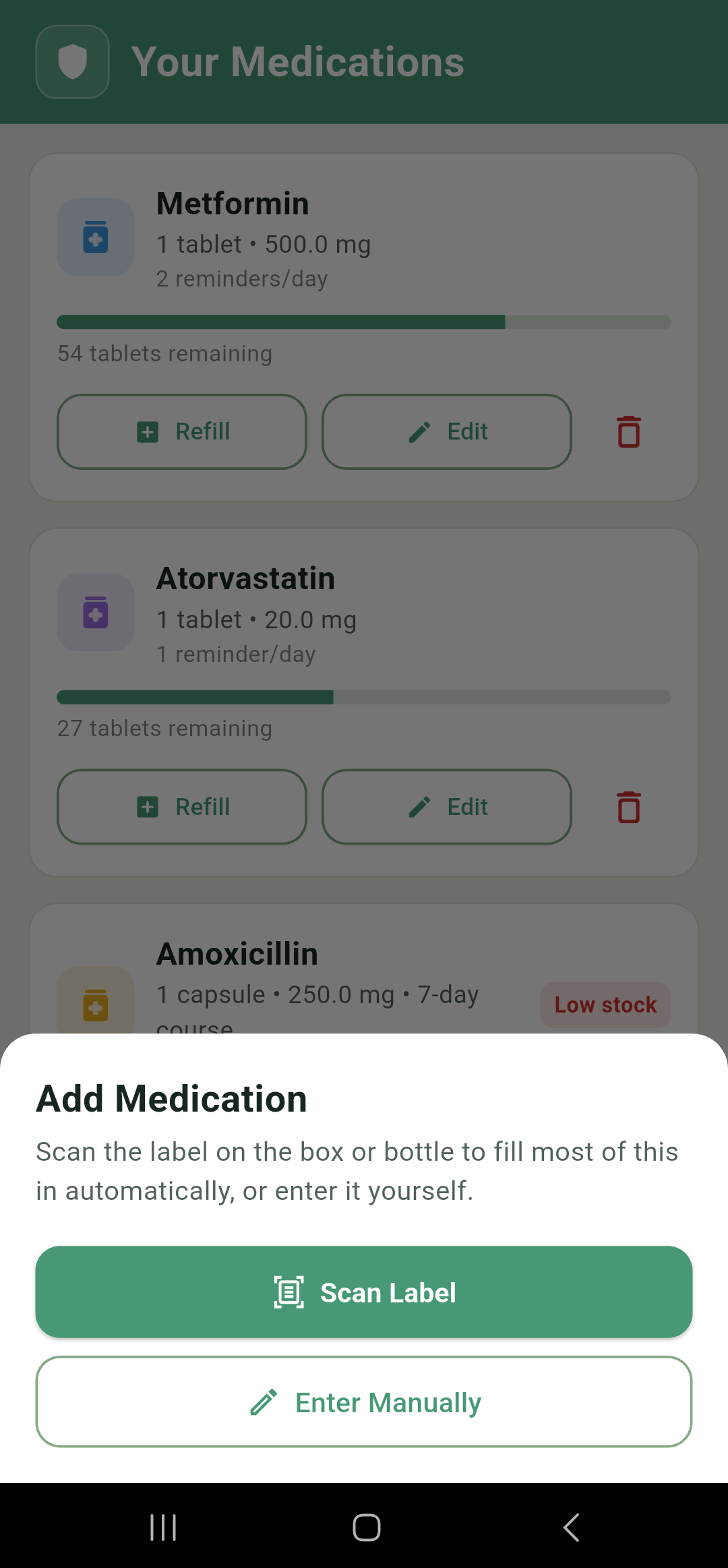 Add Medication entry sheet with Scan Label and Enter Manually