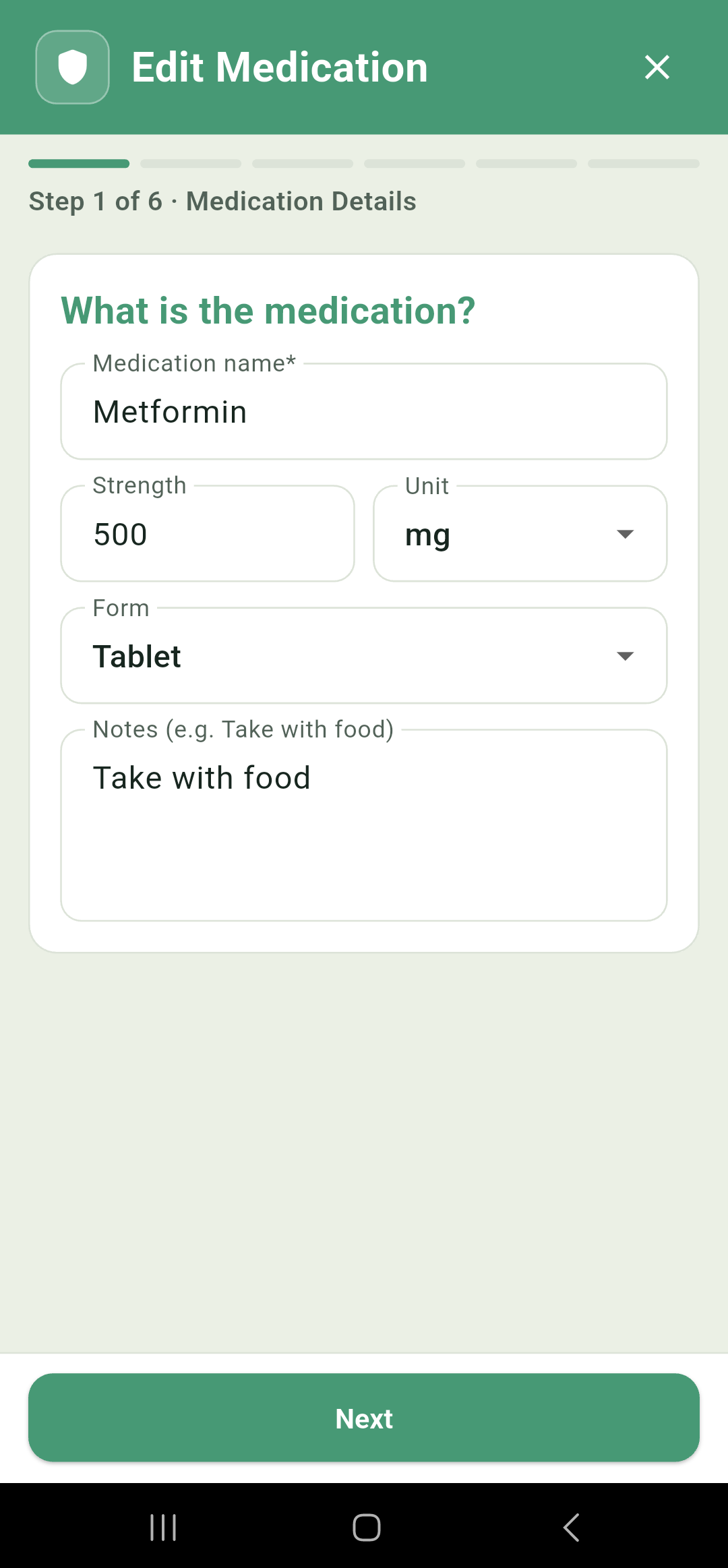 Edit medication screen, pre-filled