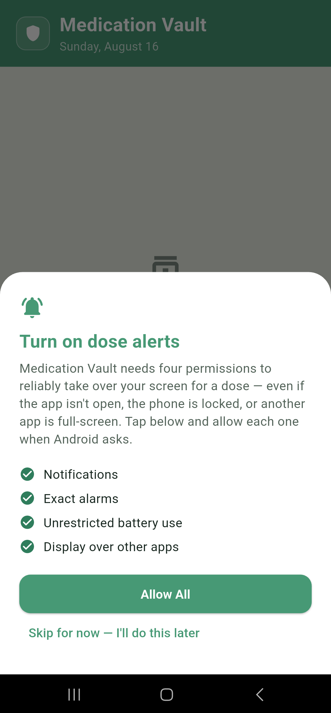 Permission step showing all four permissions granted