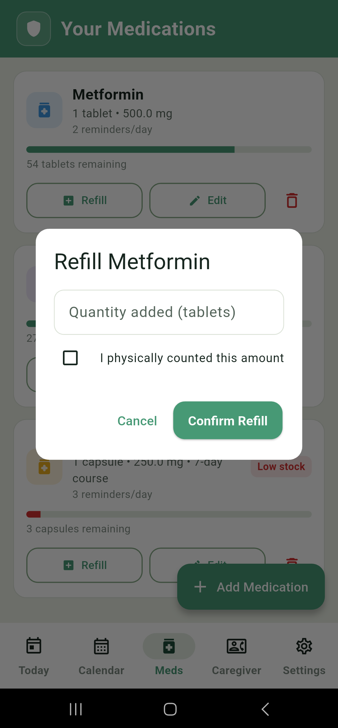 Refill dialog for a medication
