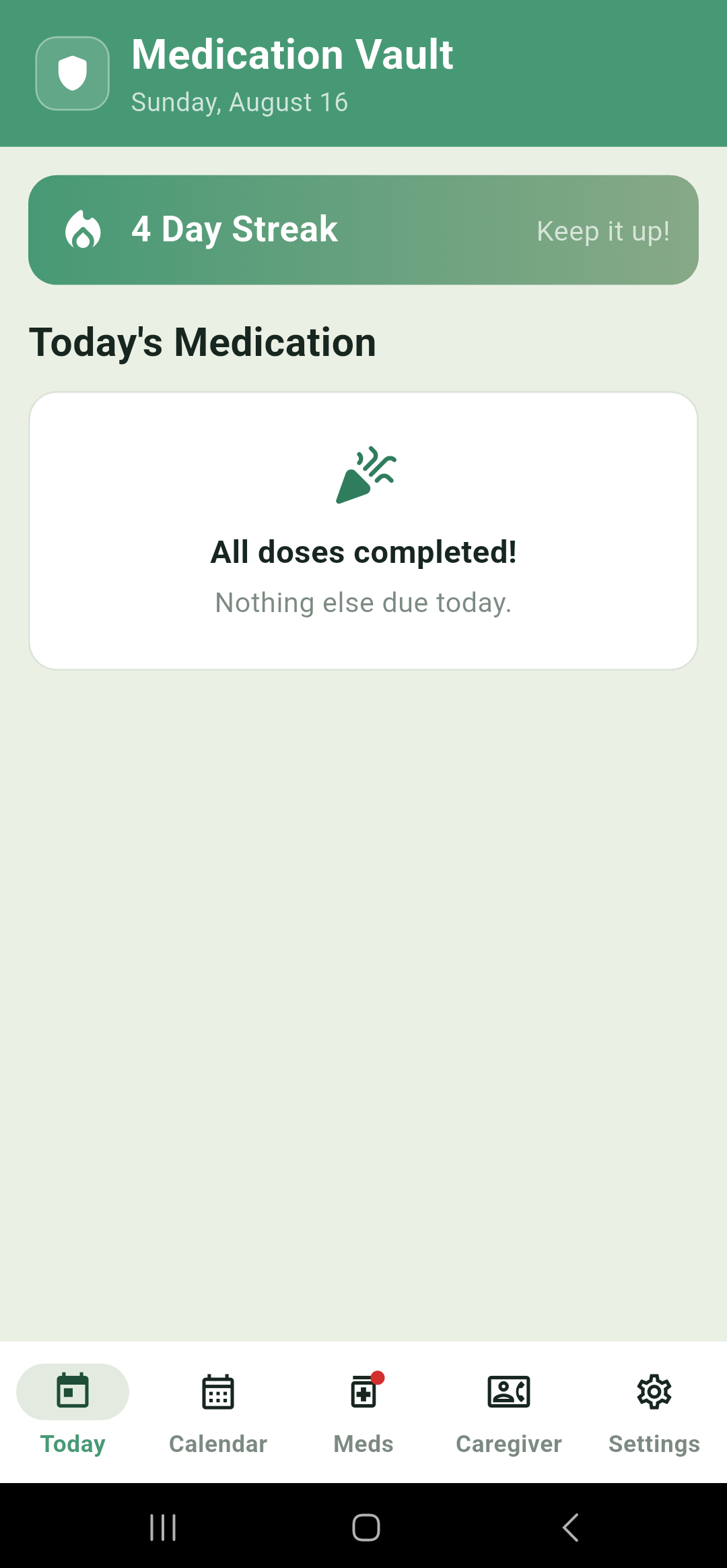 Today screen showing all doses completed